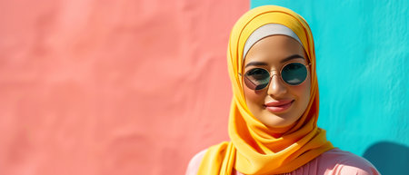 Fashionable young woman in a yellow hijab and trendy sunglasses poses against a pink and turquoise backdrop, exuding style and confidence.の素材