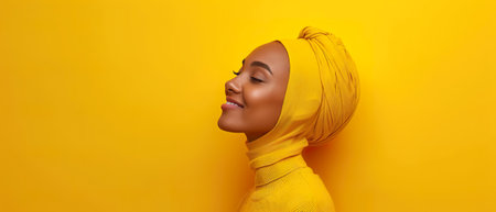 A content woman closes her eyes in a serene moment, wrapped in a yellow hijab that matches the monochrome yellow backdrop, creating a tranquil and unified aesthetic.の素材