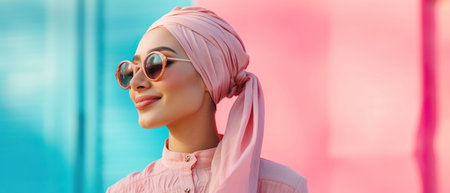 An elegant woman in a soft pink turban hijab and round sunglasses poses confidently, with a playful pink and blue background.の素材