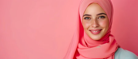An engaging young woman in a soft pink hijab offers a gentle smile, with a matching pink background enhancing her serene beauty.の素材