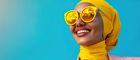 Radiant woman wearing a yellow hijab and reflective sunglasses with a joyful smile, blue background.の素材