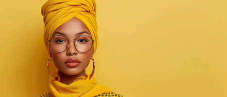 A stylish woman in a yellow turban hijab and fashionable round glasses exudes sophistication and modern charm against a yellow background.の素材