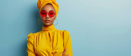 A fashion-forward woman poses in a turban style yellow hijab, complemented by bold red sunglasses and large hoop earrings against a blue background.の素材