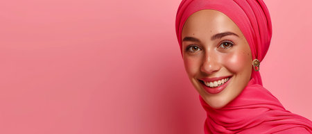 A cheerful woman in a coral hijab radiates warmth and joy, her beaming smile accentuated by elegant earrings against a soft pink background.の素材