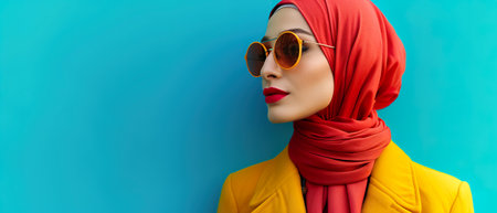 A sophisticated woman models a red hijab paired with matching sunglasses, set against a teal background, embodying modern elegance and style.の素材