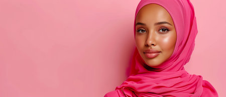 A graceful woman with a serene expression wears a pink hijab, beautifully blending into the monochromatic pink background for a cohesive look.の素材