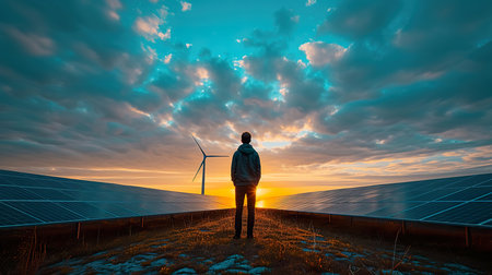 Silhouette of a person standing between solar panels and a wind turbine, contemplating renewable energy solutions at sunset.
 ,  clean energy conceptの素材
