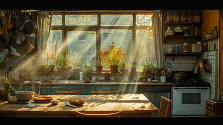 Morning sunlight bathes a cozy kitchen adorned with potted plants on the windowsill and vintage culinary items, creating a warm, homey atmosphere.
 ,  clean energy conceptの素材