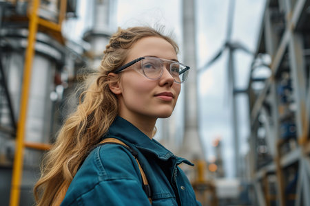 A focused  industrial engineer in a yellow hard hat and safety glasses conducts a thorough inspection of machinery in a modern factory.
 ,  clean energy conceptの素材