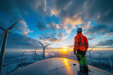 A group of focused technicians in safety gear assess the functionality of wind turbines at a renewable energy site.
 ,  clean energy conceptの素材