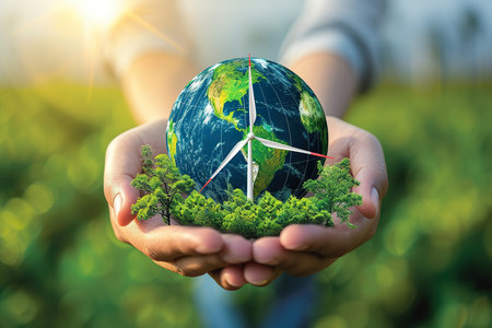 Conceptual image of hands cradling a green Earth with wind turbines and lush trees, symbolizing renewable energy and environmental conservation.
 ,  clean energy conceptの素材