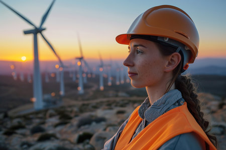 A group of focused technicians in safety gear assess the functionality of wind turbines at a renewable energy site.
 ,  clean energy conceptの素材
