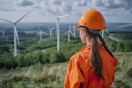 A group of focused technicians in safety gear assess the functionality of wind turbines at a renewable energy site.
 ,  clean energy conceptの素材