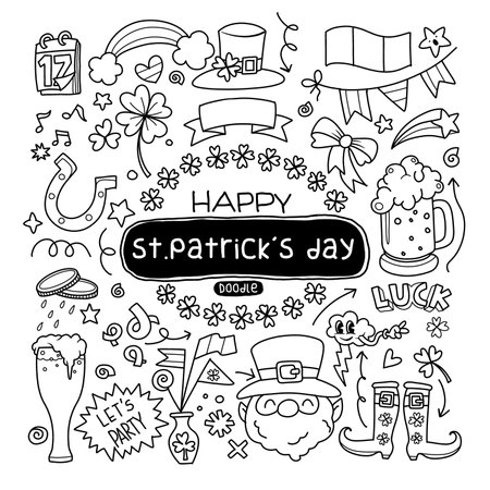 Hand Drawn of St. Patrick's day doodle set. Cooking elements. Beer mugs, clover, pot of gold, hat in sketch style.  Hand drawn vector illustration isolated on white background. A playful assortment of St. Patrick's Day doodles featuring leprechauns, clovers, and festive decorationsのイラスト素材