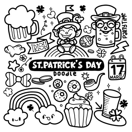 Hand Drawn of St. Patrick's day doodle set. Cooking elements. Beer mugs, clover, pot of gold, hat in sketch style.  Hand drawn vector illustration isolated on white background. A playful assortment of St. Patrick's Day doodles featuring leprechauns, clovers, and festive decorations.のイラスト素材