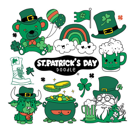 Hand Drawn of Vibrant St. Patrick's Day doodle set with green-themed illustrations, including a cheerful bear, and Irish symbols.のイラスト素材
