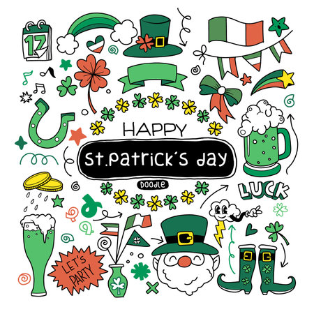 Hand drawn of St. Patrick's Day doodle style colorful hand-drawn icon set with simple engraving effect, editable stroke width. Cute Irish holiday symbols and elements collectionのイラスト素材