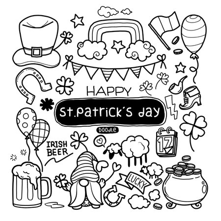 Hand Drawn of St. Patrick's day doodle set. Cooking elements. Beer mugs, clover, pot of gold, hat in sketch style.  Hand drawn vector illustration isolated on white background. A playful assortment of St. Patrick's Day doodles featuring leprechauns, clovers, and festive decorations.のイラスト素材