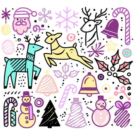 Colorful hand drawn Christmas doodle art featuring reindeer, snowmen, bells, candy canes, holly, and stars. Each on a separate layer, can be removed or replaced.のイラスト素材