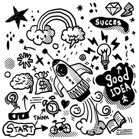 Black and white doodle illustration of innovation and success elements on a white background, perfect for a coloring book.のイラスト素材