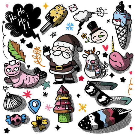 Vibrant Christmas illustration featuring Santa, reindeer, ice cream, and various holiday-themed icons with halftone effect on a white background, perfect for festive coloring activities.のイラスト素材