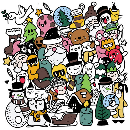 A playful Christmas illustration featuring a variety of holiday characters like Santa, snowmen, and festive decorations on a white background, perfect for coloring activities.のイラスト素材
