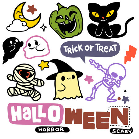 Fun and colorful Halloween illustration featuring spooky characters like a pumpkin, black cat, skeleton, and ghosts with halftone effect, perfect for festive coloring activities.のイラスト素材