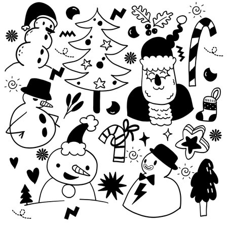 A set of minimalist hand drawn doodles featuring snowmen, Santa, a Christmas tree, candy canes, and other festive elements in a simple, playful styleのイラスト素材