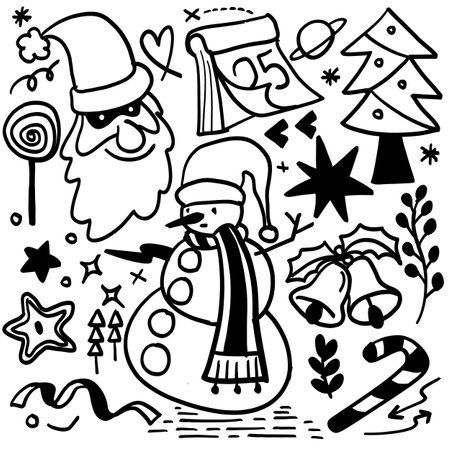 A bold and soft hand drawn Christmas doodle featuring a snowman, Santa Claus, Christmas bells, and other festive elements in a playful holiday styleのイラスト素材