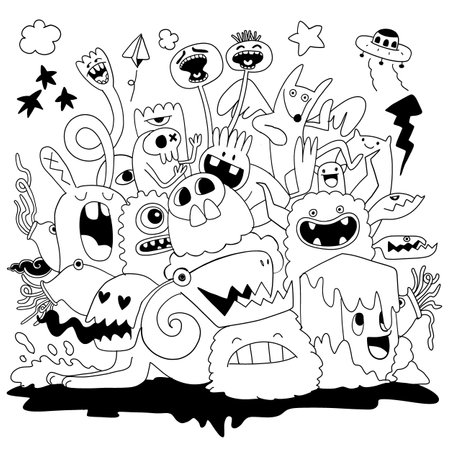 A hand drawn doodle featuring playful and quirky monsters with fun expressions and random elements like UFOs and lightning in a whimsical and energetic styleのイラスト素材