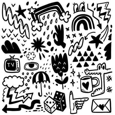 A hand drawn doodle featuring playful and random elements like rainbows, umbrellas, flowers, and stars in a bold and whimsical styleのイラスト素材