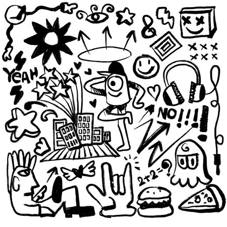 A hand drawn doodle featuring rough, bold strokes with playful and cool elements like stars, headphones, burgers, and abstract shapes in a fun and energetic styleのイラスト素材