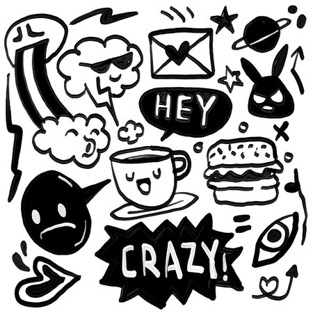 A hand drawn doodle featuring bold and playful elements like clouds, a burger, a cup, and fun text like "HEY" and "CRAZY" in a lively and energetic styleのイラスト素材