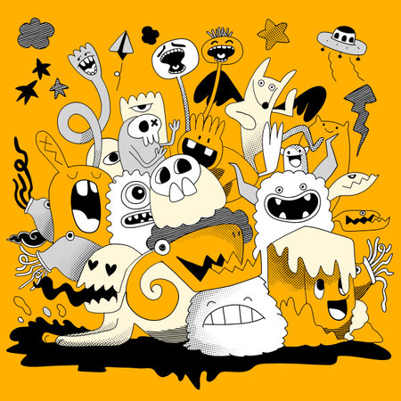 A lively doodle collection featuring quirky monsters, playful expressions, and abstract shapes in black, white, and yellow on a vibrant backgroundのイラスト素材