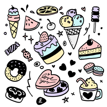 Playful hand drawn dessert doodles featuring cakes, ice cream, donuts, and candies, isolated on white backgroundのイラスト素材