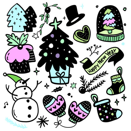 Hand drawn New Year and Christmas doodles featuring festive decorations, tree, snowman, and holiday icons, isolated on white backgroundのイラスト素材