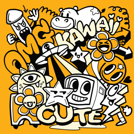 A Colorful and playful illustration featuring cute characters, flowers, and fun elements like UFOs and stars, all set against vibrant yellow background. Perfect for expressing joy and creativityのイラスト素材