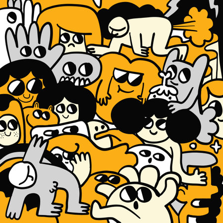 A Colorful abstract illustration featuring playful characters and shapes, showcasing mix of emotions and expressions in vibrant yellow backgroundのイラスト素材