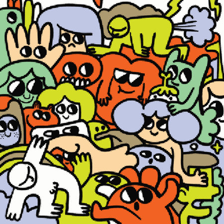 A Colorful abstract characters in playful, vibrant crowd, showcasing various shapes and expressions. lively scene evokes sense of joy and creativityのイラスト素材