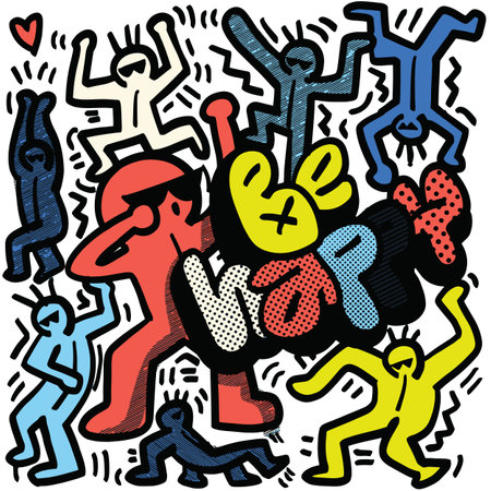 A Colorful abstract illustration featuring dynamic figures in various poses, expressing joy and movement. vibrant colors and playful design evoke sense of energy and creativityのイラスト素材