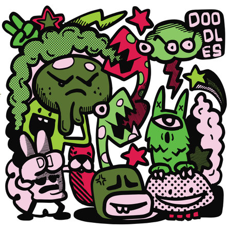 A Doodle art featuring colorful, quirky characters with various expressions and shapes. vibrant green and red colors create playful and energetic atmosphereのイラスト素材