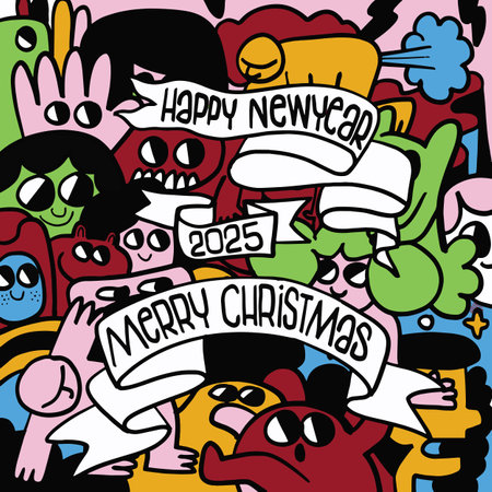 A Colorful illustration featuring various cartoon characters celebrating Christmas and New Year with festive bannersのイラスト素材