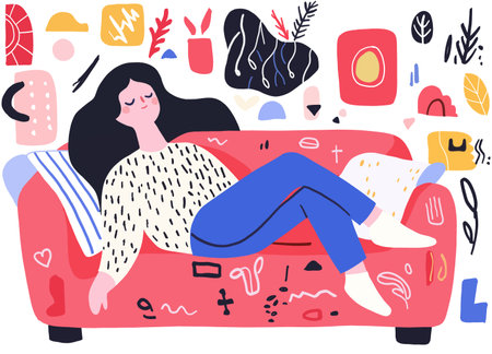 A girl relaxing on red sofa, surrounded by colorful abstract shapes and plants, conveying sense of comfort and creativityのイラスト素材