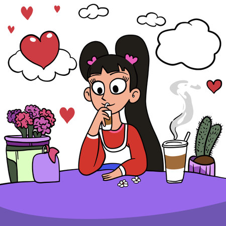 A Cartoon girl enjoying coffee with flowers and hearts in cozy setting. playful atmosphere is enhanced by colorful elements and whimsical cloudsのイラスト素材