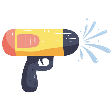 A colorful water gun spraying water, perfect for summer fun and outdoor play. This playful toy is ideal for kids and adults alike, bringing joy and excitement to any water fightのイラスト素材