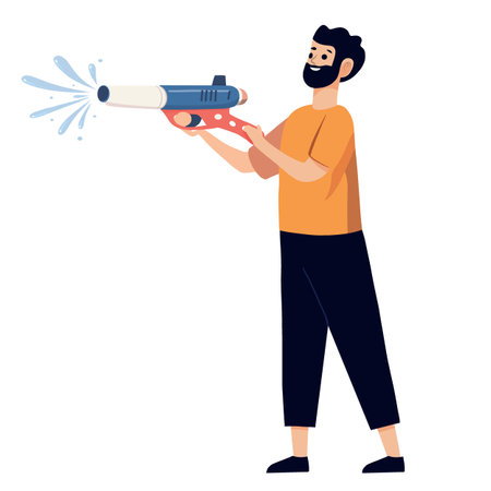 A man holding water gun, playfully spraying water, celebrating festive occasion. scene captures joy and excitement, perfect for summer fun or water festivalsのイラスト素材