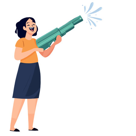 A woman joyfully sprays water with toy water gun, celebrating festive occasion. playful atmosphere captures essence of fun and excitementのイラスト素材