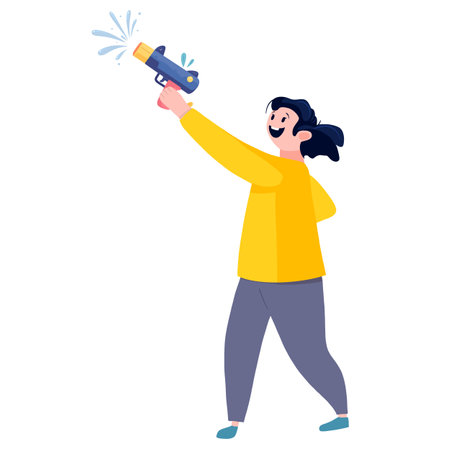 A person joyfully celebrating with water gun, splashing water during festive occasion. vibrant yellow shirt and playful expression capture excitement of momentのイラスト素材