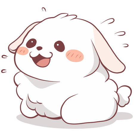 A Cute cartoon dog with fluffy white fur, big eyes, and happy expression. This adorable character exudes joy and playfulness, perfect for children illustrations or pet themed designsのイラスト素材