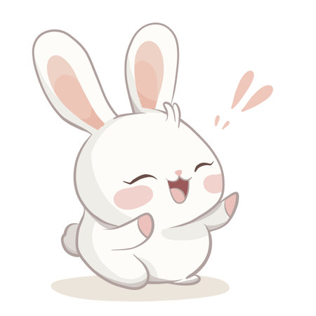 A Cute cartoon bunny character with joyful expression, smiling and hopping happily. This adorable design features soft colors and playful demeanor, perfect for children illustrationsのイラスト素材